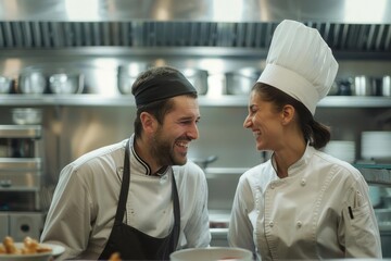 Male and female chef laughing while taking inventory in commercial kitchen