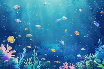 Diverse Sea Life in Underwater Scene, A whimsical illustration of a blue underwater world with colorful fish and coral against a watery blue background