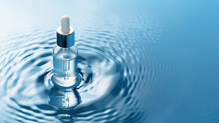 Wall Mural - Serum in transparent bottle with dropper on the water surface Blank label for marking model Summer water pool fresh concept Flat tilted top view Blue background Serum bottle in clean c : Generative AI