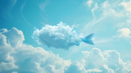 Soft wispy fish shaped cloud in a blue cloudy sky : Generative AI