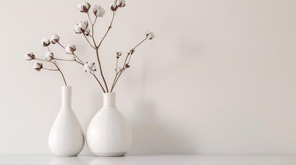 Poster - Beige ceramic vases with dry cotton branches Stylish and minimalistic background for display your products in living room Scandinavian interior Modern home decor Copy space : Generative AI