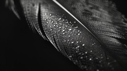 A macro shot of a monochrome feather showcases its intricate micro patterns and textures. Black and white art