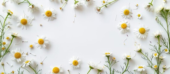 Poster - Chamomile and daisy flower buds in a white background with a blank frame for creativity. Representing a creative lifestyle, with a summer and spring concept. Flat lay and top view available.