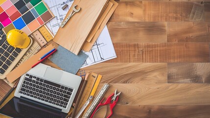 Poster - Architectural materials blueprints laptop tools and color sampler for renovation Flat lay design of creative interior design : Generative AI