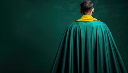 A man in a green cape stands in front of a green wall