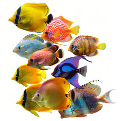 Wall Mural - A school of colorful tropical fish swimming together, isolated on white background