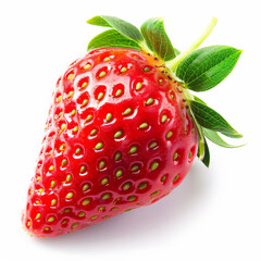 A close-up of a fresh, juicy strawberry with a vibrant red color and green leaves, isolated on white background