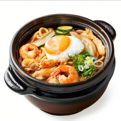 Wall Mural - A bowl of nabeyaki udon, hot udon noodles in a clay pot with chicken, tempura shrimp, and vegetables, garnished with a poached egg, isolated on white background.