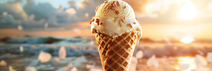 Wall Mural - Banner with ice cream in a waffle cone on a summer day.