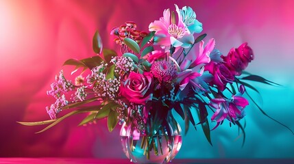 Wall Mural - Design for picture wallpaper Beautiful bouquet of flowers abstract floral composition in glass vase over pink magenta background in neon light Concept of floristry decorations creativi : Generative AI