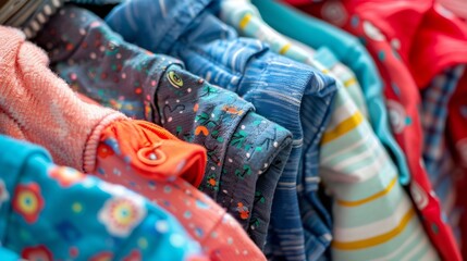 Childrens clothes are folded nicely At home and in the locker order Childrens fashion childrens clothing High quality photo : Generative AI