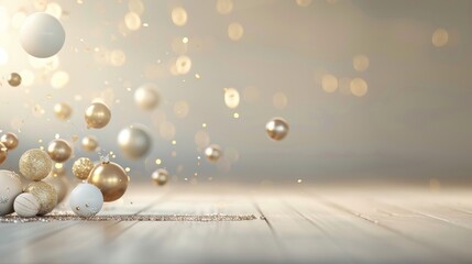 Wall Mural - The solid beige background creates a festive atmosphere. It was gracefully floated by a few gold and white Christmas balls. Simple design stops with luxury.