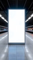 Empty illuminated billboard in a modern subway station, waiting for advertisement or poster display. Background suggests urban environment.