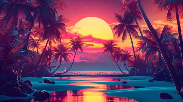 Futuristic neon landscape with palm trees at sunset