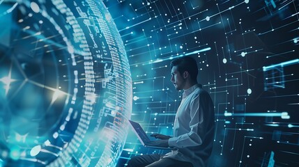 Aufkleber - Digital technology concept Man programmer working on laptop for big data management computer code on futuristic virtual interface screen data mining digital software development data s : Generative AI