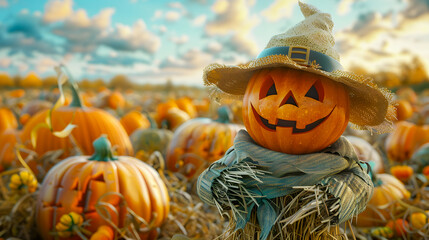 Scary scarecrow in a field full of pumpkins, Halloween