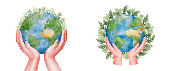 Two people holding a globe with leaves around it