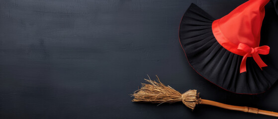 Wall Mural - A witch's hat and broomstick are on a black background