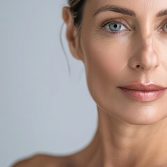 a close-up portrait of a middle-aged caucasian woman with smooth skin, highlighting beauty and skinc