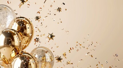 Poster - Gold balloons 2024 with confetti gold mirrored balloon party stars gifts and dragon on a light beige background Happy New Year 2024 creative Golden Dragons : Generative AI