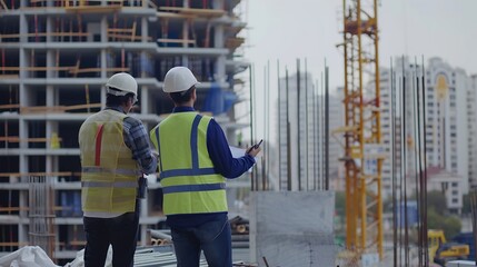 Leinwandbilder - Construction engineers discussion with architects at construction site engineering and architecture concept Smart civil architect engineer inspecting and working outdoors structure bui : Generative AI