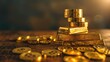 © pinporn manosri - Stack of gold bars and coins representing valuable assets on a wooden table