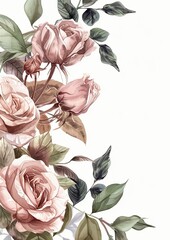 Wall Mural - Watercolor illustration of an invitation border frame with beautiful roses in dusty rose color and leaves in moss green on an elegant background.