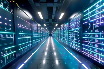Wall Mural - AI Data Center with Servers, High tech Infrastructure, Blue Light, Digital Innovation, Artificial Intelligence