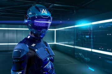 Wall Mural - AI Robot in Futuristic Environment, High tech Technology, Blue Light, Digital Innovation, Artificial Intelligence