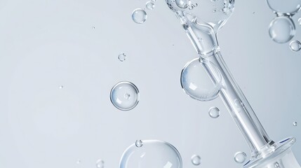 Poster - soft water bubble or cosmetic liquid serum drops with laboratory glass pipette on white background Beauty and skincare : Generative AI