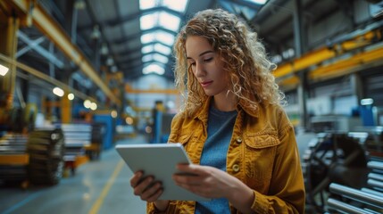 Wall Mural - A woman wearing a yellow jacket is looking at a tablet