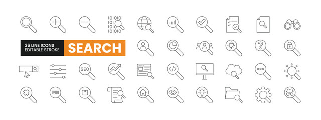 Set of 36 Search line icons set. Search outline icons with editable stroke collection. Includes Searching, Analysis, Research, Audit, Optimization, and More.
