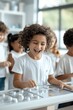 © Mind - Happy children exploring science in a bright classroom, engaging in hands-on learning activities with excitement and curiosity.