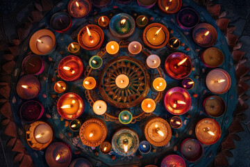 Canvas Print - Indian festival diwali lamp on colorful rangoli design