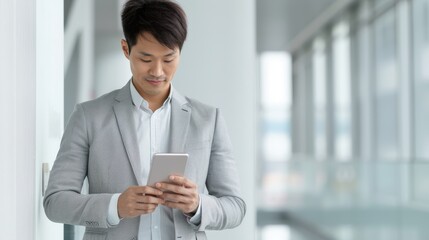 Wall Mural - A Asian man in a silver jacket is looking at his cell phone, wearing a white shirt and focused on his device