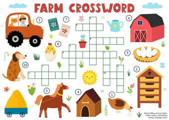 Wall Mural - Crossword for kids with cute farm characters. Word search puzzle. Educational game with horse, dog, tractor, barn and more. Vector illustration