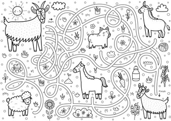 Canvas Print - Help mother goat to find a way to her baby kid. Farm maze activity in black and white for kids. Mini game in outline for school and preschool. Vector illustration