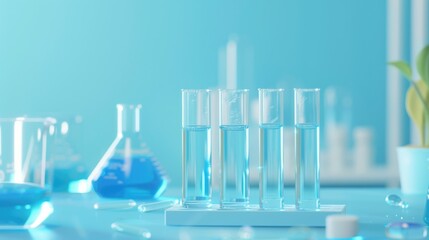 Wall Mural - laboratory table holding test tubes filled with pale blue liquid text area available