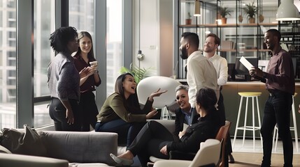 Canvas Print - Diverse group of coworkers engaged in lively conversation in a modern office setting.