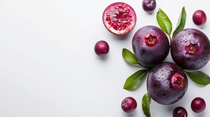 Canvas Print - Vibrant Purple Fruits and Leaves on White Background