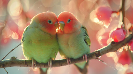 Wall Mural - A pair of rosy-faced lovebirds cuddling on a branch, their pastel green and pink feathers soft and delicate.