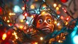 © stocker - A person tangled in Christmas lights looks panicked and terrified.