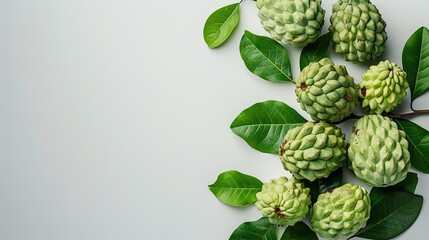 Wall Mural - Green Custard Apples and Leaves on a White Background