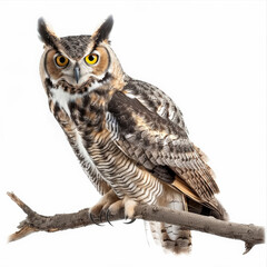 Wall Mural - A majestic great horned owl with its piercing yellow eyes and tufted ears, perched on a branch, isolated on white background.