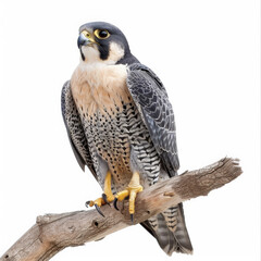 Wall Mural - A striking peregrine falcon perched on a branch, its sharp eyes keenly observing, isolated on white background.