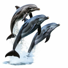 Wall Mural - A playful group of dolphins leaping out of the water, isolated on white background