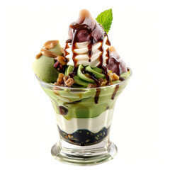 Wall Mural - A beautifully presented matcha green tea ice cream sundae with red bean paste, mochi, and a drizzle of sweet syrup, isolated on white background.