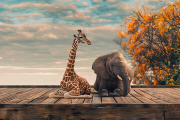 Giraffe sitting next to an elephant on wooden deck.