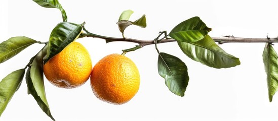 Wall Mural - Two oranges on a branch hanging against a white background, with a clipping path.