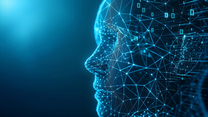 AI technology machine learning concept. Face representing artificial intelligence and digital streaming data blue background. Artificial intelligence background whose outer surface consists of a chip